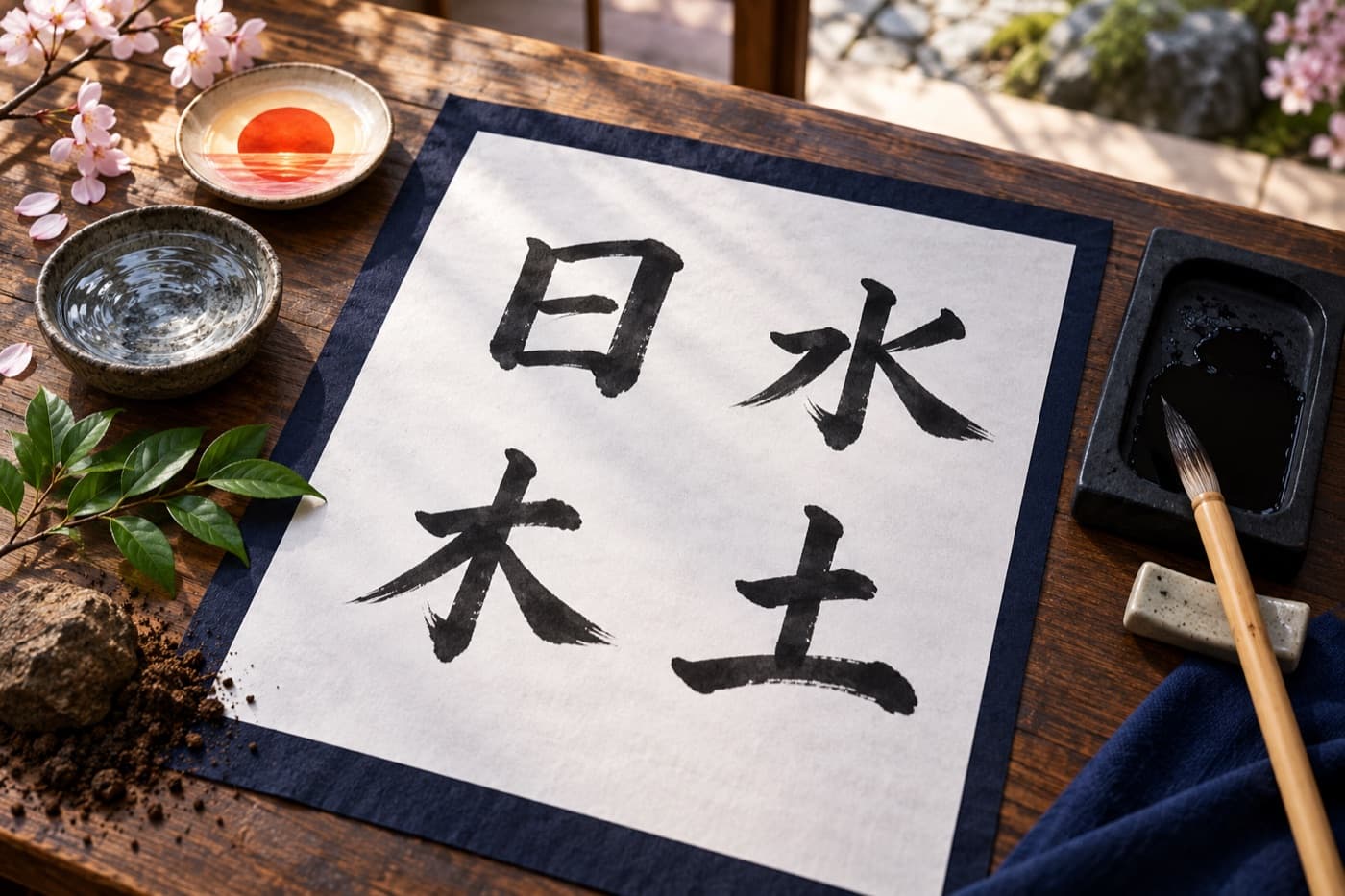 Caligrafía japonesa con naturaleza y cuaderno de estudio de Idiomas WeLearn