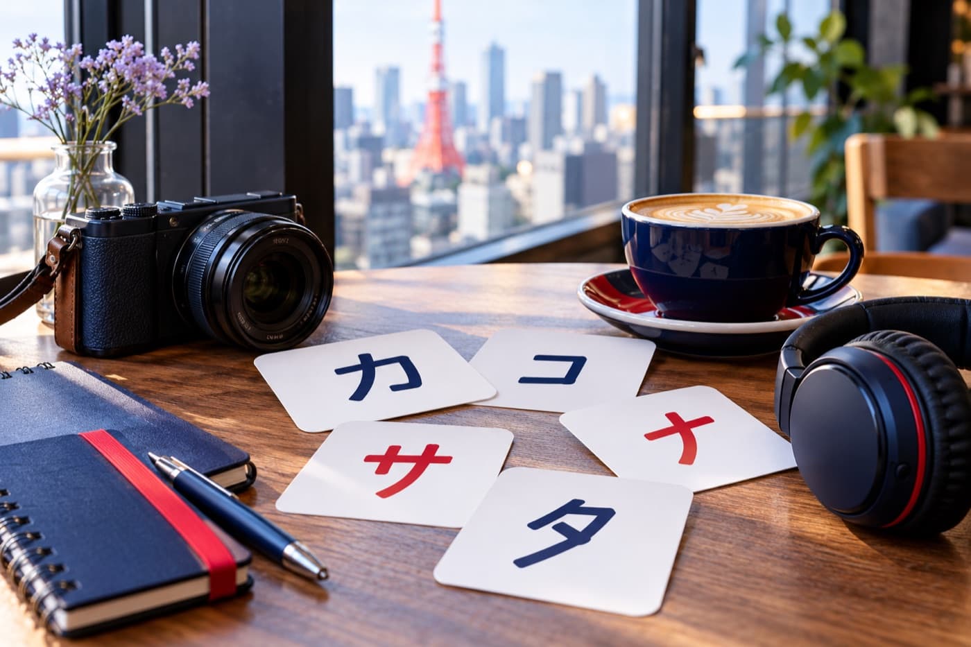Café urbano japonés con rótulos en katakana y materiales de Idiomas WeLearn