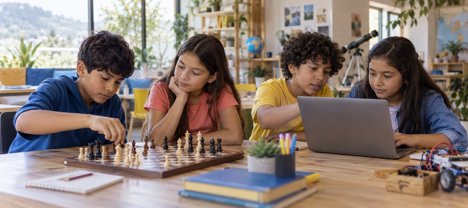 Niños colaborando frente a un computador y un tablero de ajedrez durante una actividad guiada