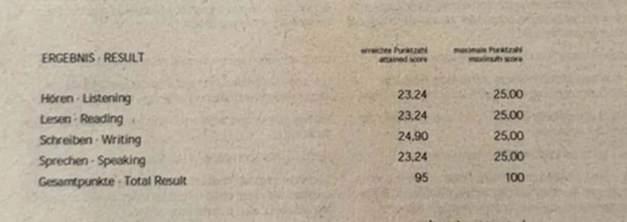 Fragmento anónimo de Goethe-Zertifikat A1 con resultado 95 / 100