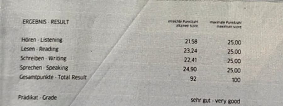 Fragmento anónimo de Goethe-Zertifikat A1 con resultado 92 / 100