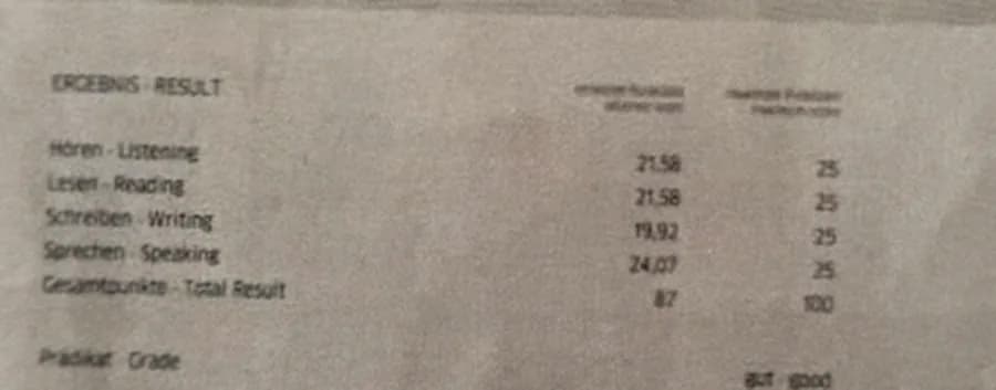 Fragmento anónimo de Goethe-Zertifikat A1 con resultado 87 / 100