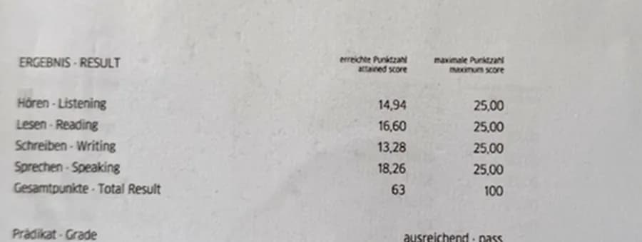 Fragmento anónimo de Goethe-Zertifikat A1 con resultado 63 / 100