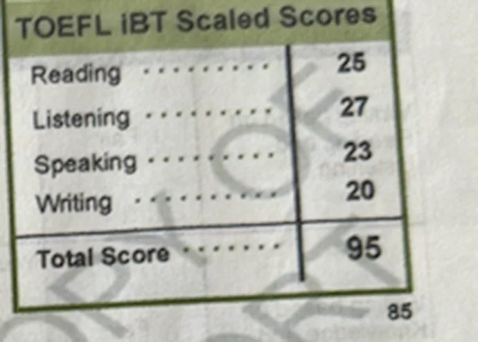 Fragmento anónimo de TOEFL iBT con resultado 95 / 120