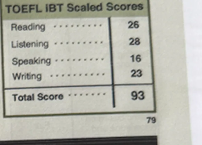 Fragmento anónimo de TOEFL iBT con resultado 93 / 120