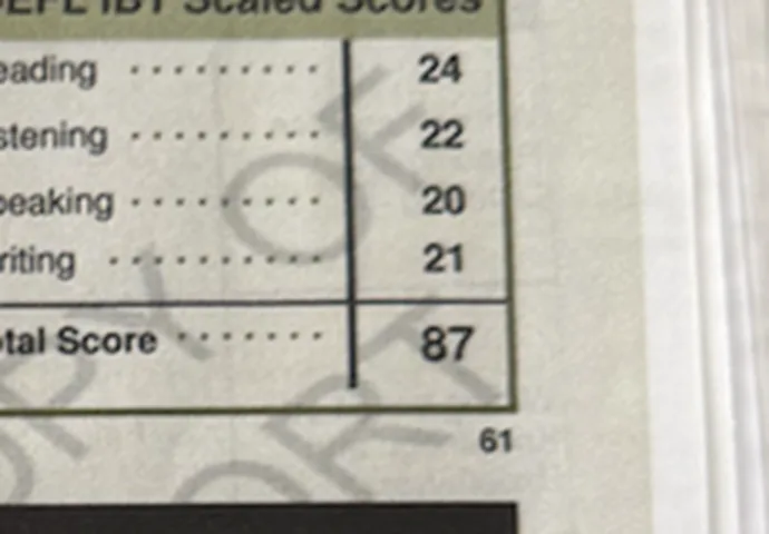 Fragmento anónimo de TOEFL iBT con resultado 87 / 120