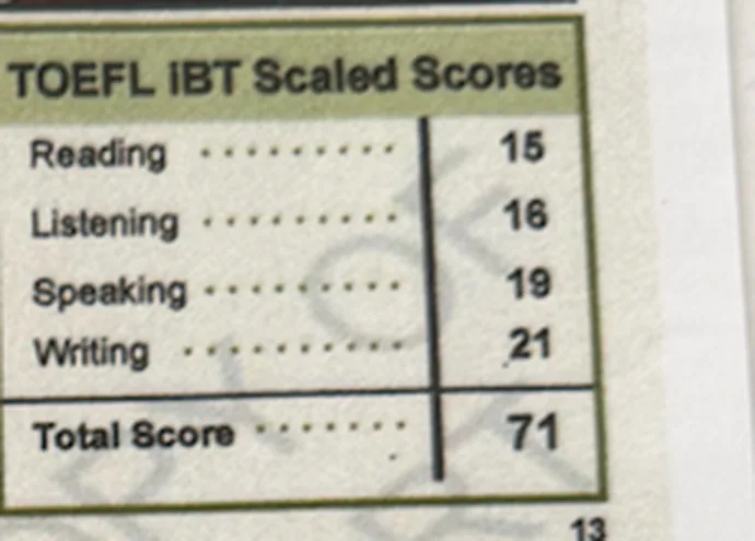 Fragmento anónimo de TOEFL iBT con resultado 71 / 120