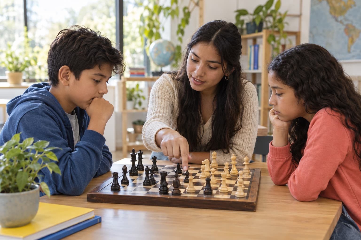 Niños observando una posición de ajedrez durante una actividad de inglés guiada por una docente