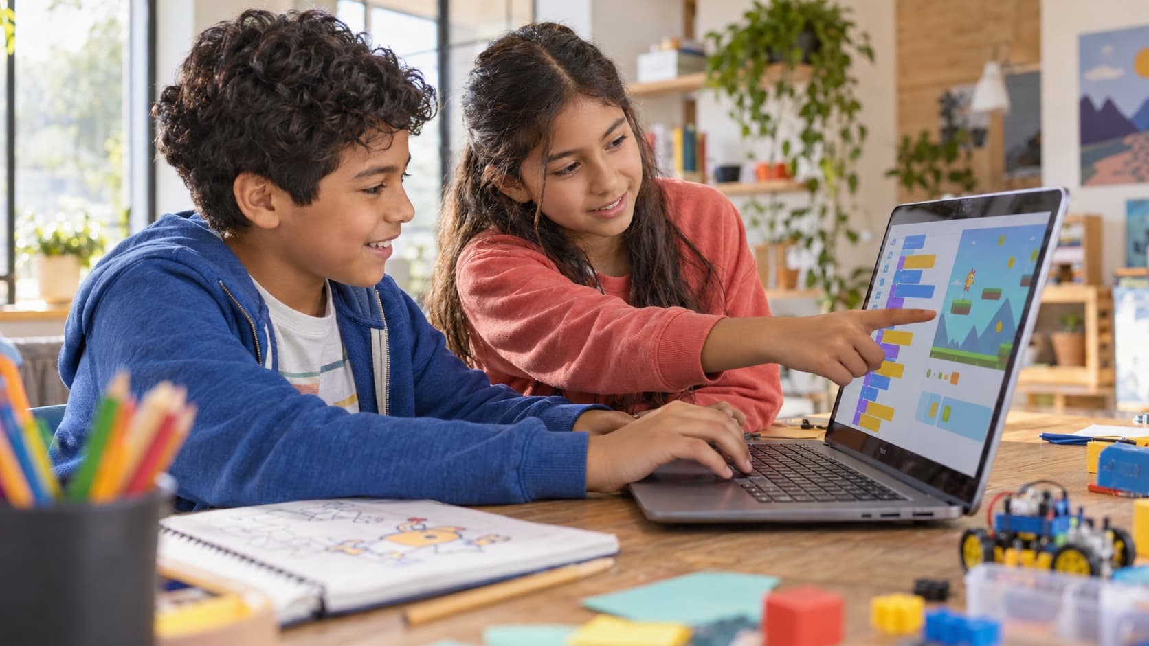 Dos niños construyendo un videojuego con bloques de programación visual en un computador
