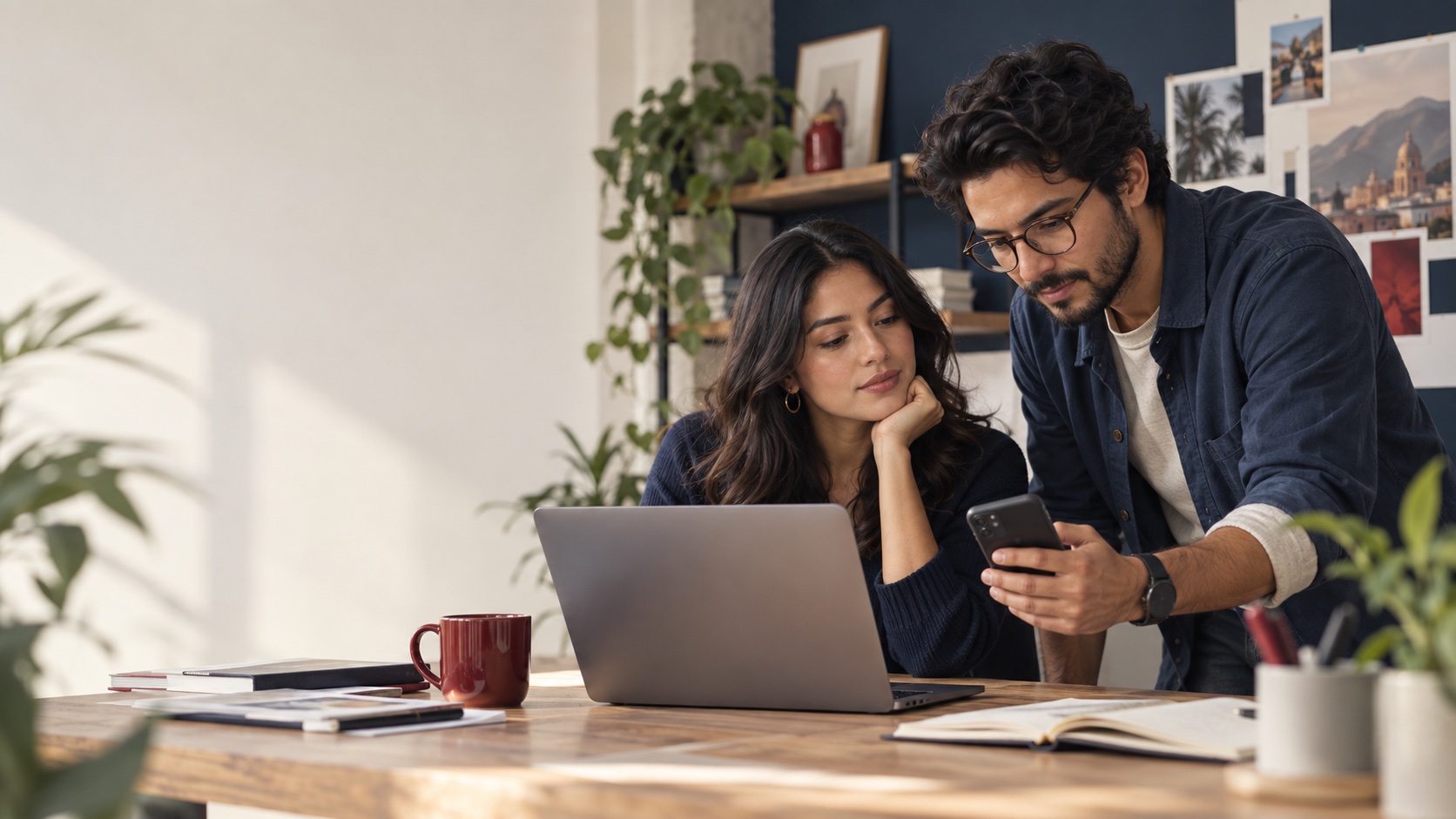 Equipo de comunicación revisando publicaciones y métricas en una mesa de trabajo.