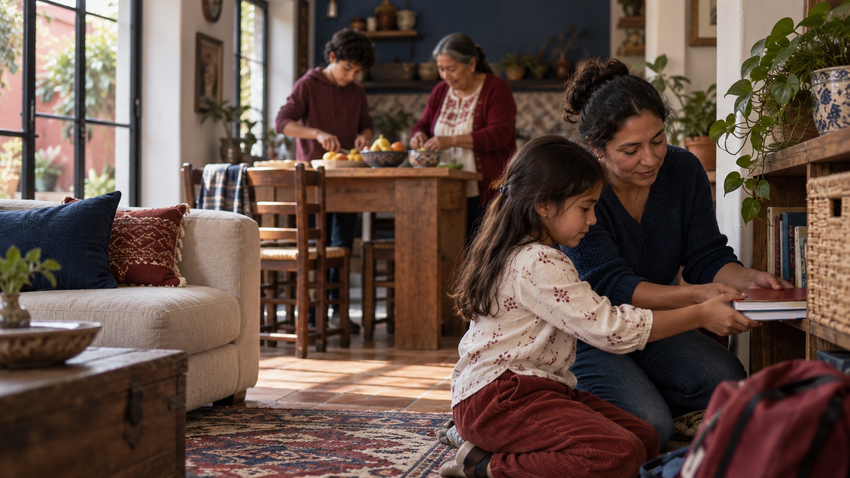 Familia de varias generaciones ordenando libros y compartiendo una actividad en casa.