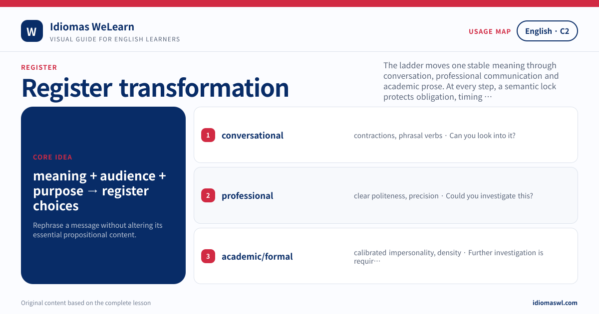 Visual guide to Register transformation for English C2: meaning + audience + purpose → register choices